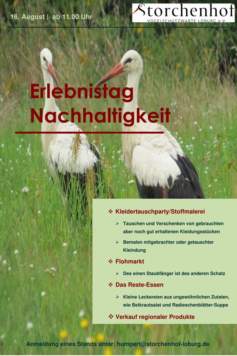 Zwei Störche auf einer Wiese als Hintergrund, Schriftzug: Erlebnis Nachhaltigkeit