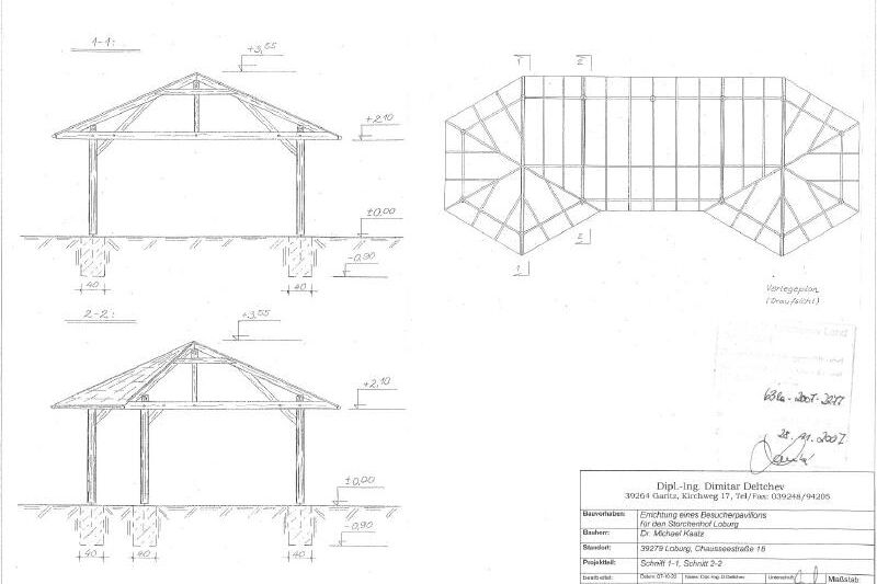eine Bauzeichnung mit den verschiedenen Ansichten der geplanten Pavillons