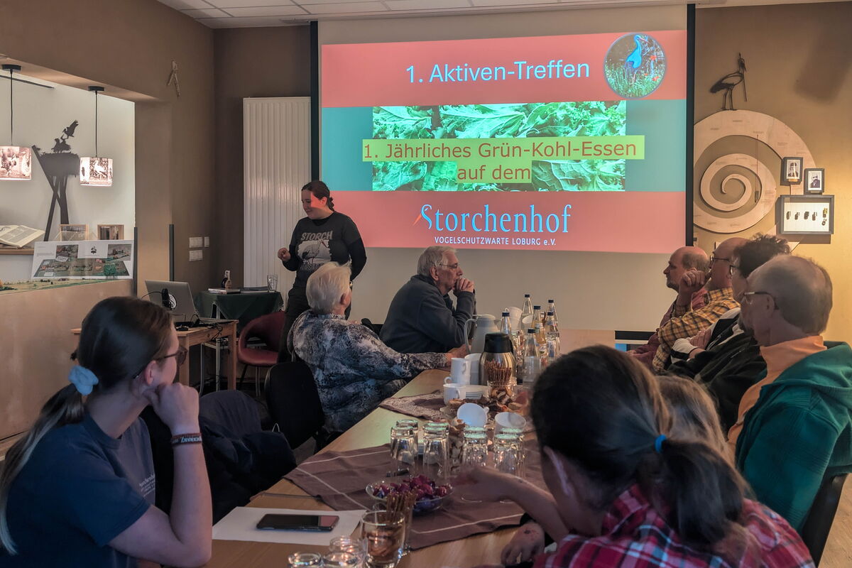 an einer längeren Tafel sitzen Menschen, die zur Wand mit einer Projektion schauen